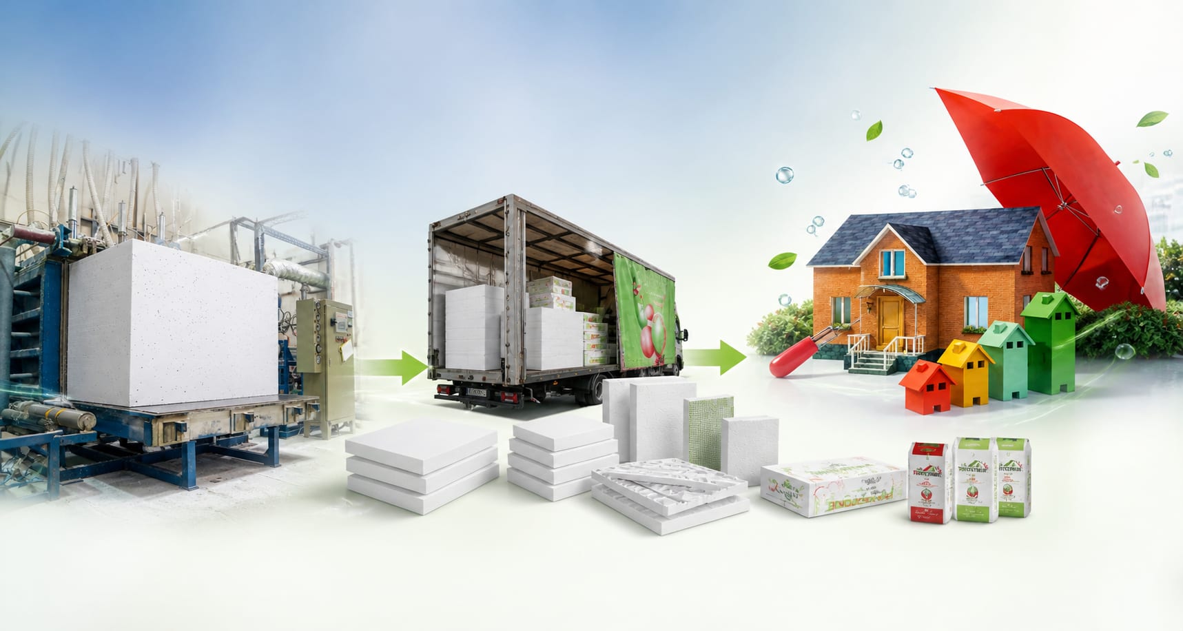 Fluxul de producție POLYSTONE: linia de turnare EPS, transport branded, plăci EPS și saci POLITERM, casă termoizolată
