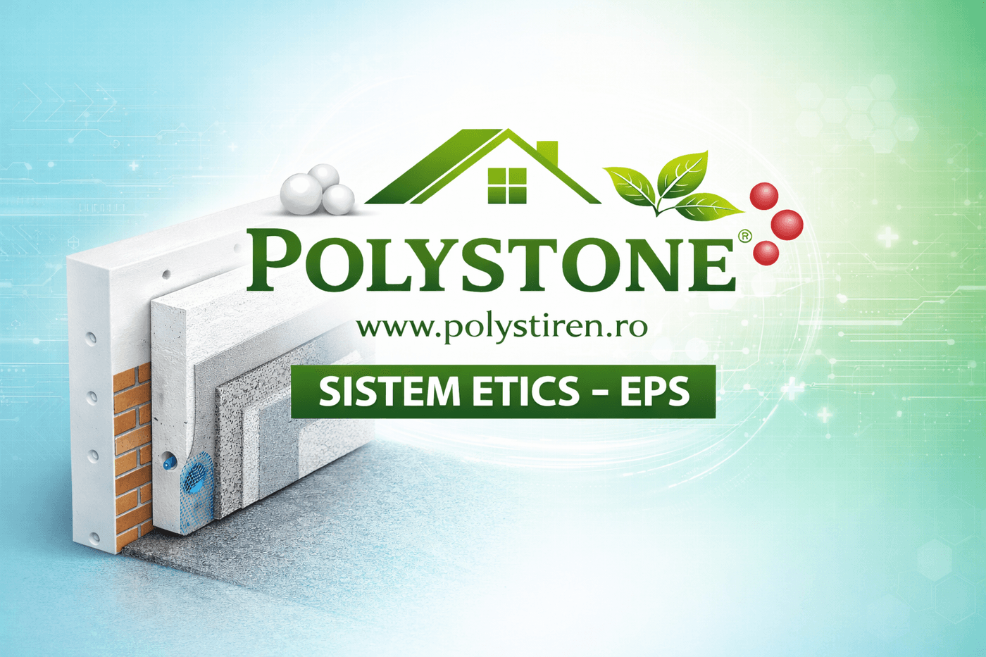 Sistemul POLYSTONE ETICS — structura pe straturi: placă EPS + adeziv + plasă + tencuială